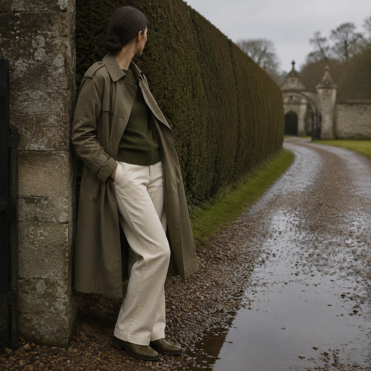 Mossgate unlined cotton trench — Trench Coats by MASO. worn by a model, side view.