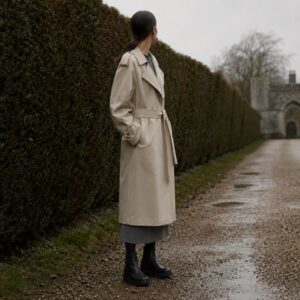 Cotswold classic belted trench — Trench Coats by MASO. worn by a model.