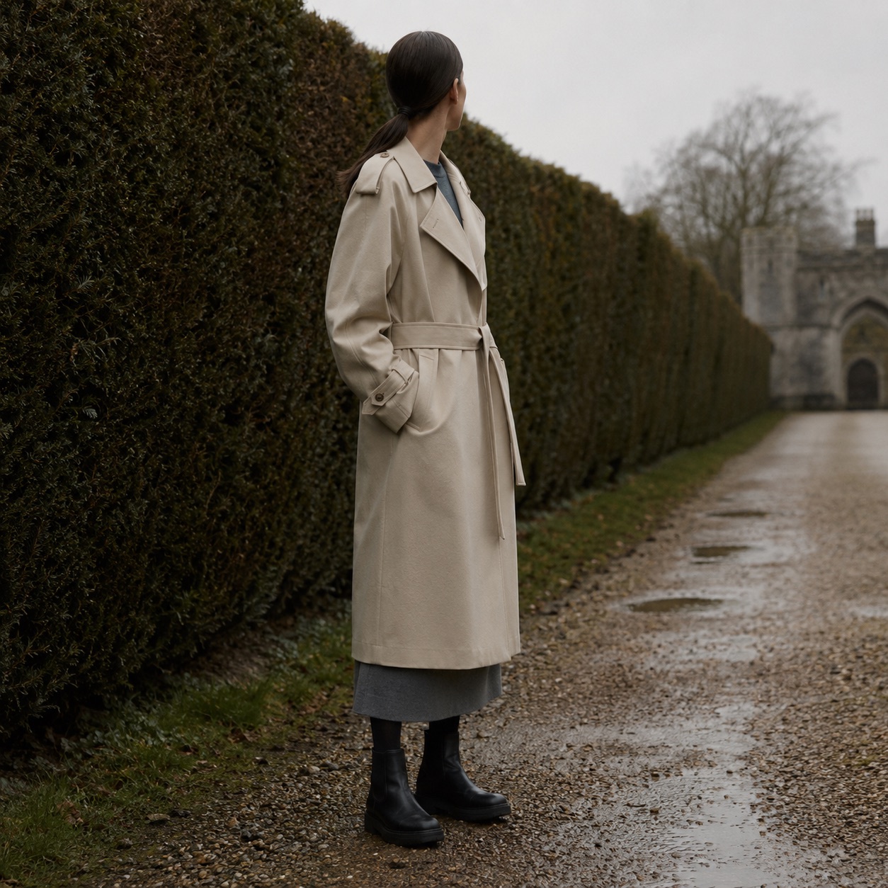 Cotswold classic belted trench — Trench Coats by MASO. worn by a model.