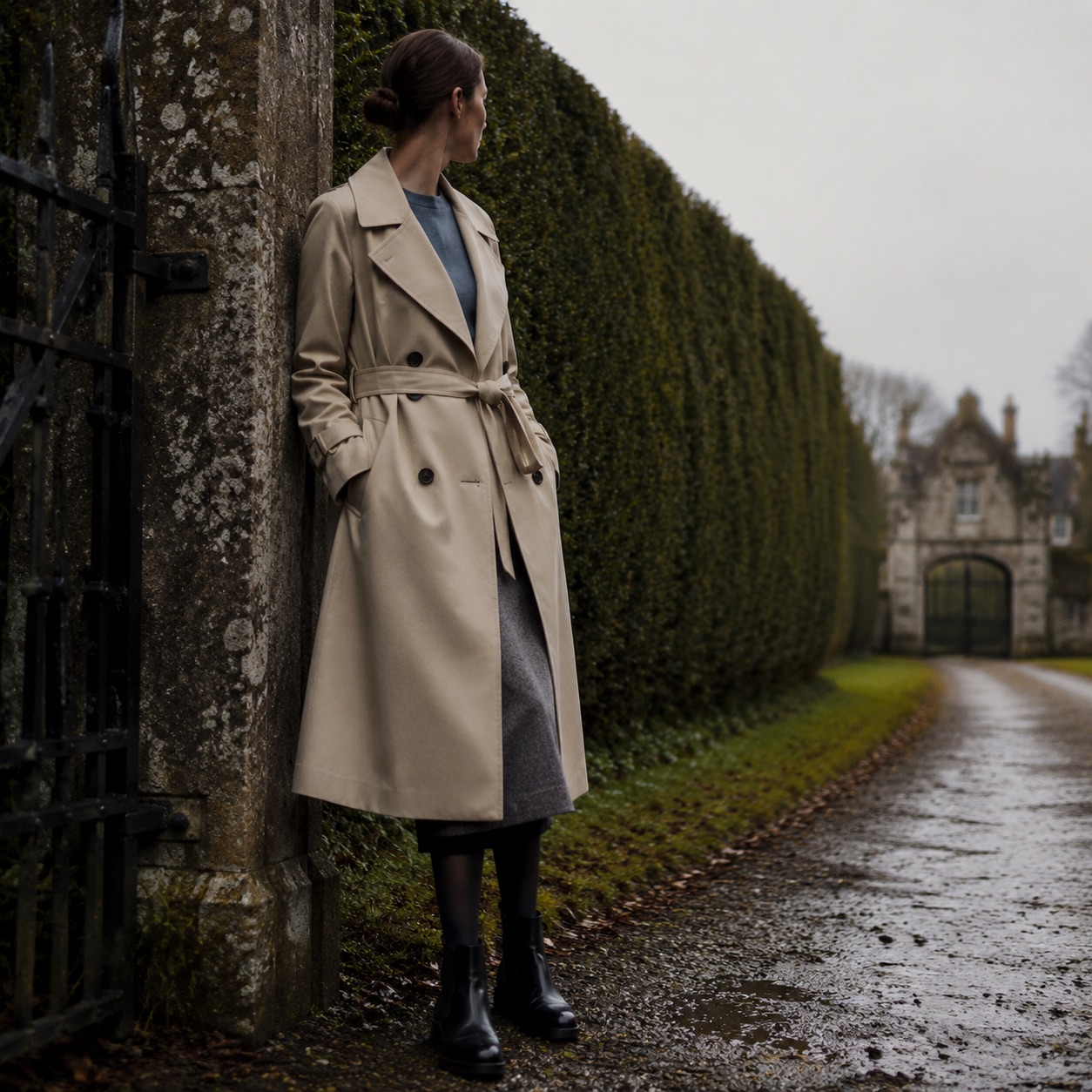 Cotswold classic belted trench — Trench Coats by MASO. worn by a model, side view.