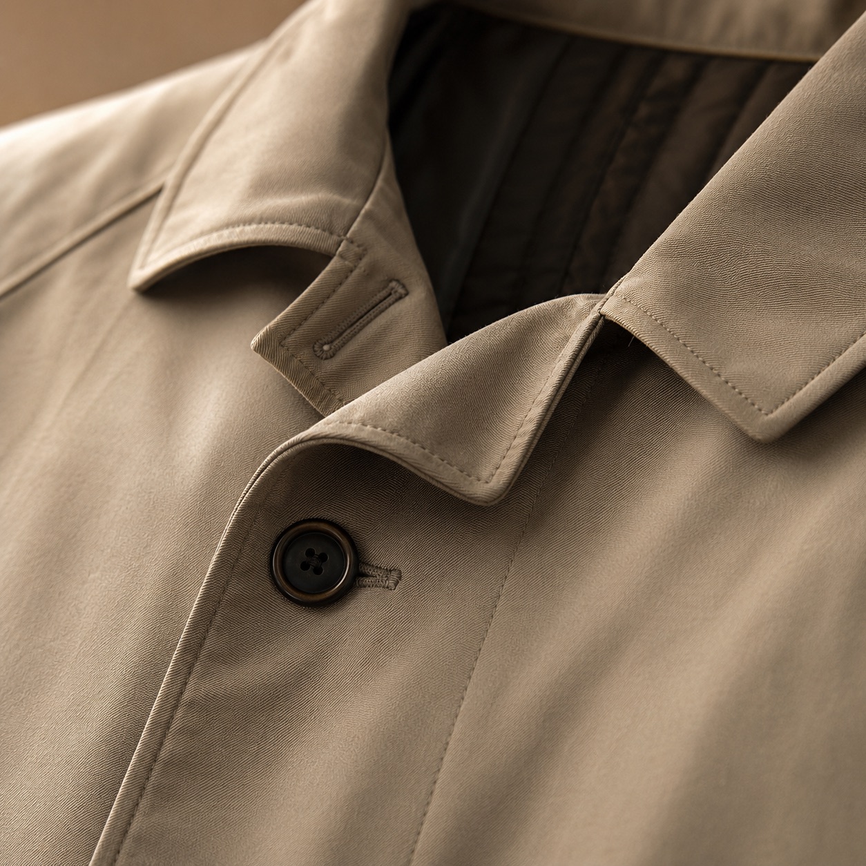 Rookery short raglan trench — Trench Coats by MASO. close detail of the fabric and finish.