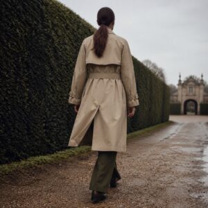 Rookery short raglan trench — Trench Coats by MASO. worn by a model.