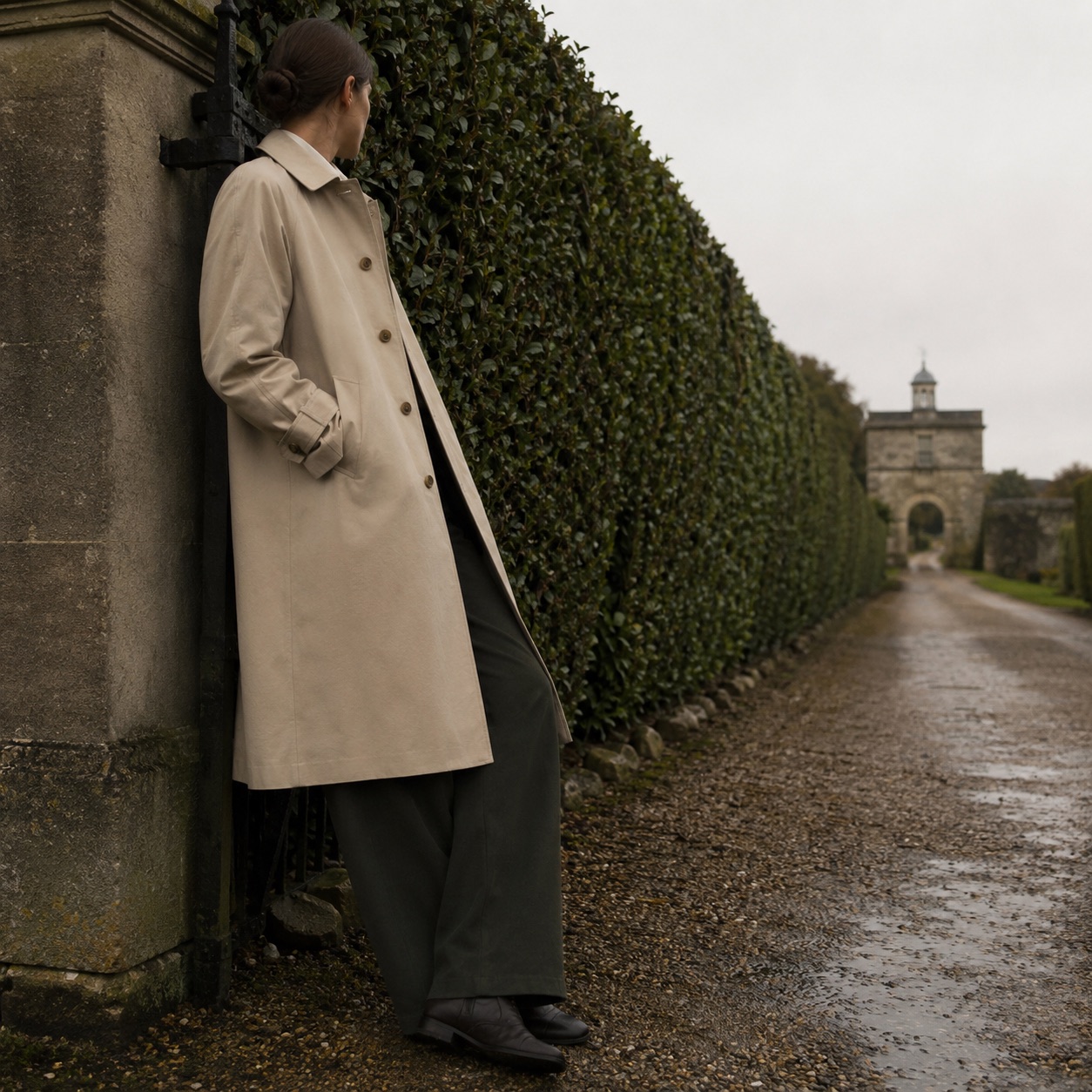 Rookery short raglan trench — Trench Coats by MASO. worn by a model, side view.