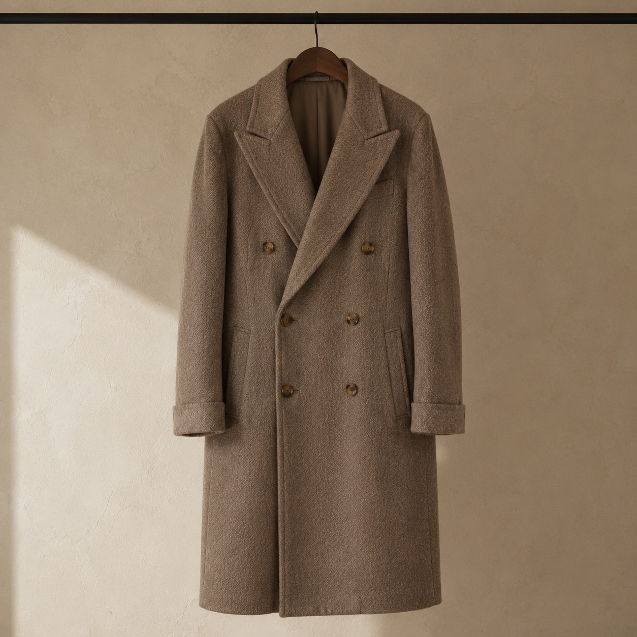 Windrush double-breasted long coat — Wool Long Coats by MASO. product photograph on a white background.