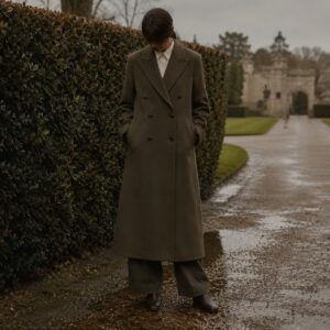 Windrush double-breasted long coat — Wool Long Coats by MASO. worn by a model.