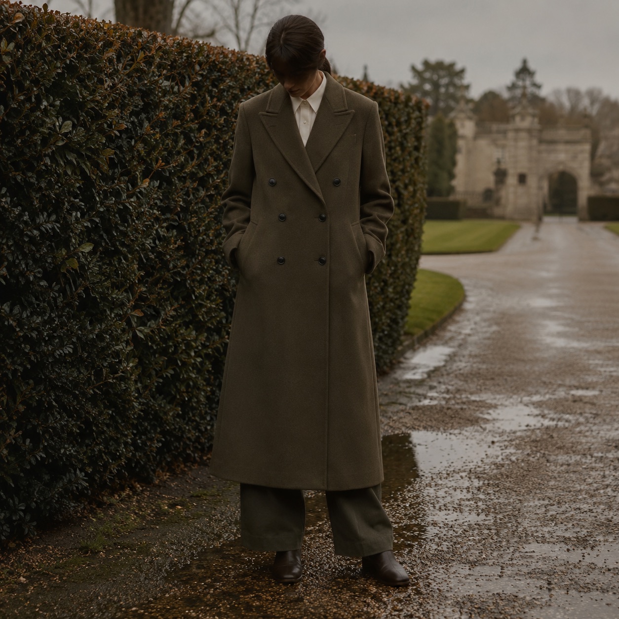Windrush double-breasted long coat — Wool Long Coats by MASO. worn by a model.