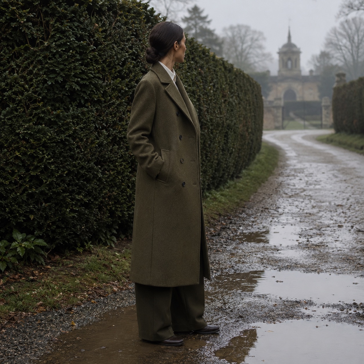 Windrush double-breasted long coat — Wool Long Coats by MASO. worn by a model, side view.