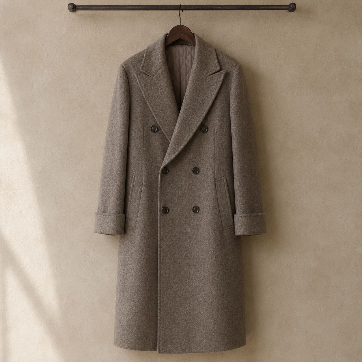 Blackthorn double-breasted long coat — Wool Long Coats by MASO. product photograph on a white background.