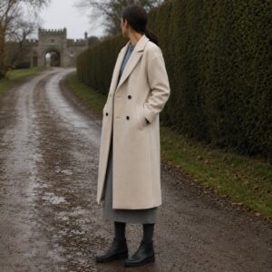 Blackthorn double-breasted long coat — Wool Long Coats by MASO. worn by a model.