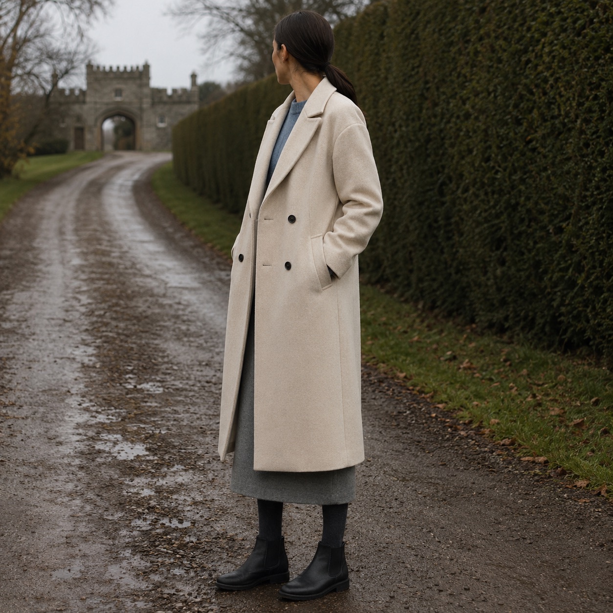 Blackthorn double-breasted long coat — Wool Long Coats by MASO. worn by a model.