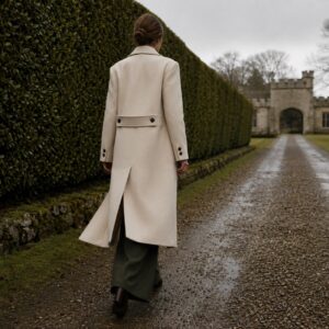 Blackthorn double-breasted long coat — Wool Long Coats by MASO. worn by a model.