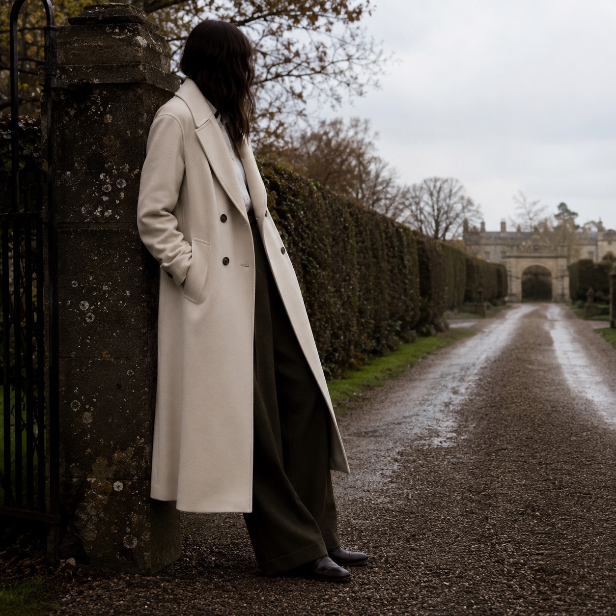 Blackthorn double-breasted long coat — Wool Long Coats by MASO. worn by a model, side view.