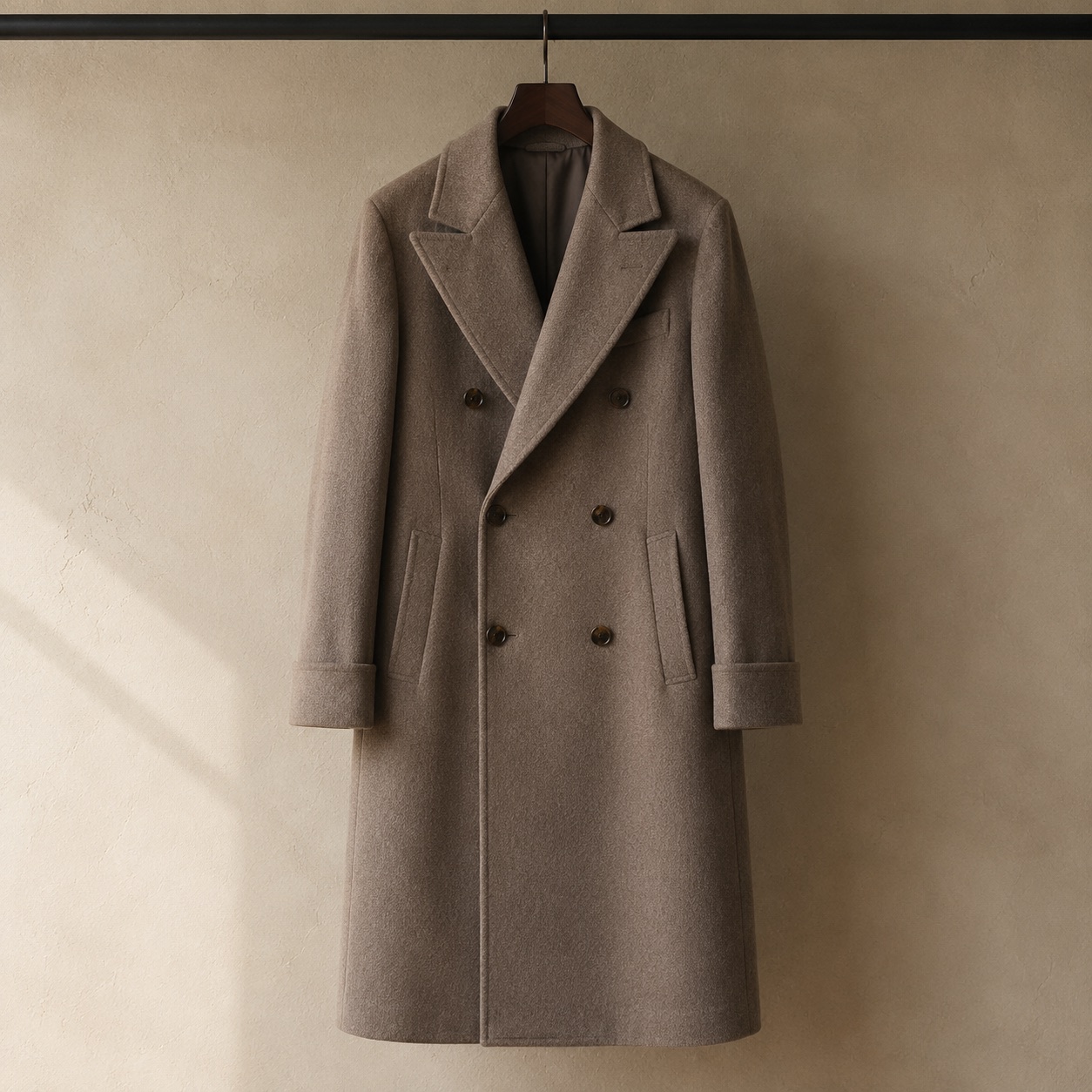 Thornleigh double-breasted long coat — Wool Long Coats by MASO. product photograph on a white background.