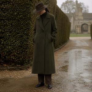 Thornleigh double-breasted long coat — Wool Long Coats by MASO. worn by a model.