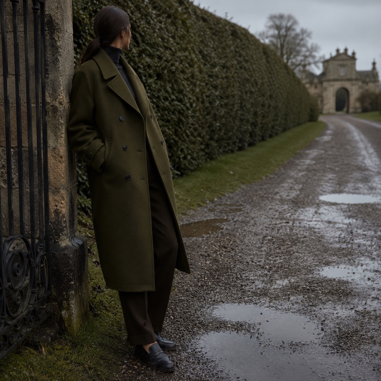 Thornleigh double-breasted long coat — Wool Long Coats by MASO. worn by a model, side view.