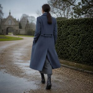 Wildersham double-breasted long coat — Wool Long Coats by MASO. worn by a model.