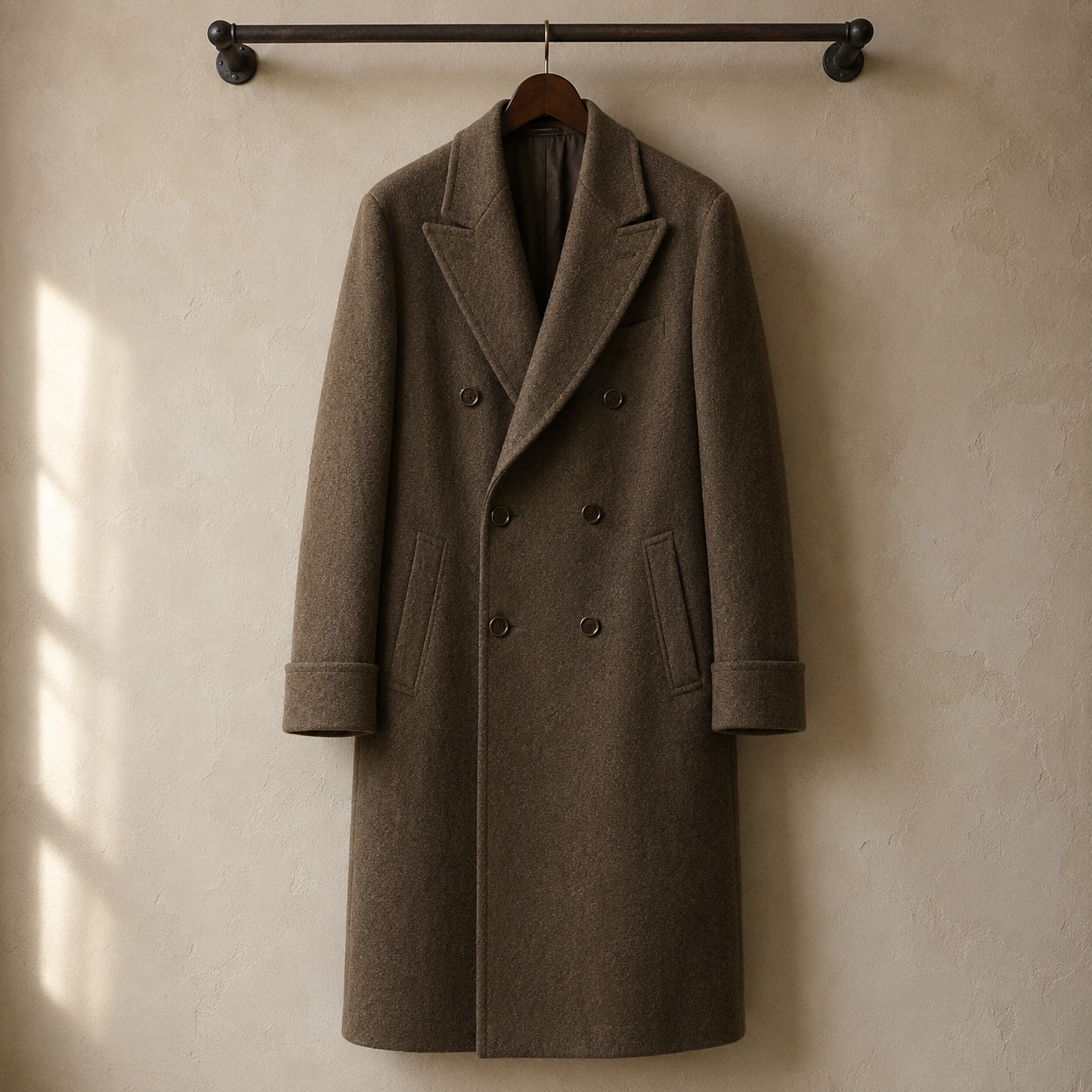 Oatlands double-breasted long coat — Wool Long Coats by MASO. product photograph on a white background.