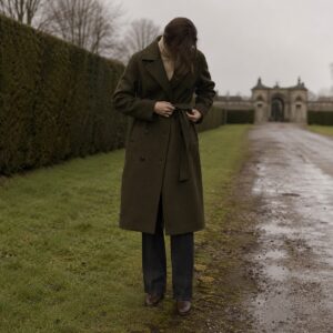 Oatlands double-breasted long coat — Wool Long Coats by MASO. worn by a model.