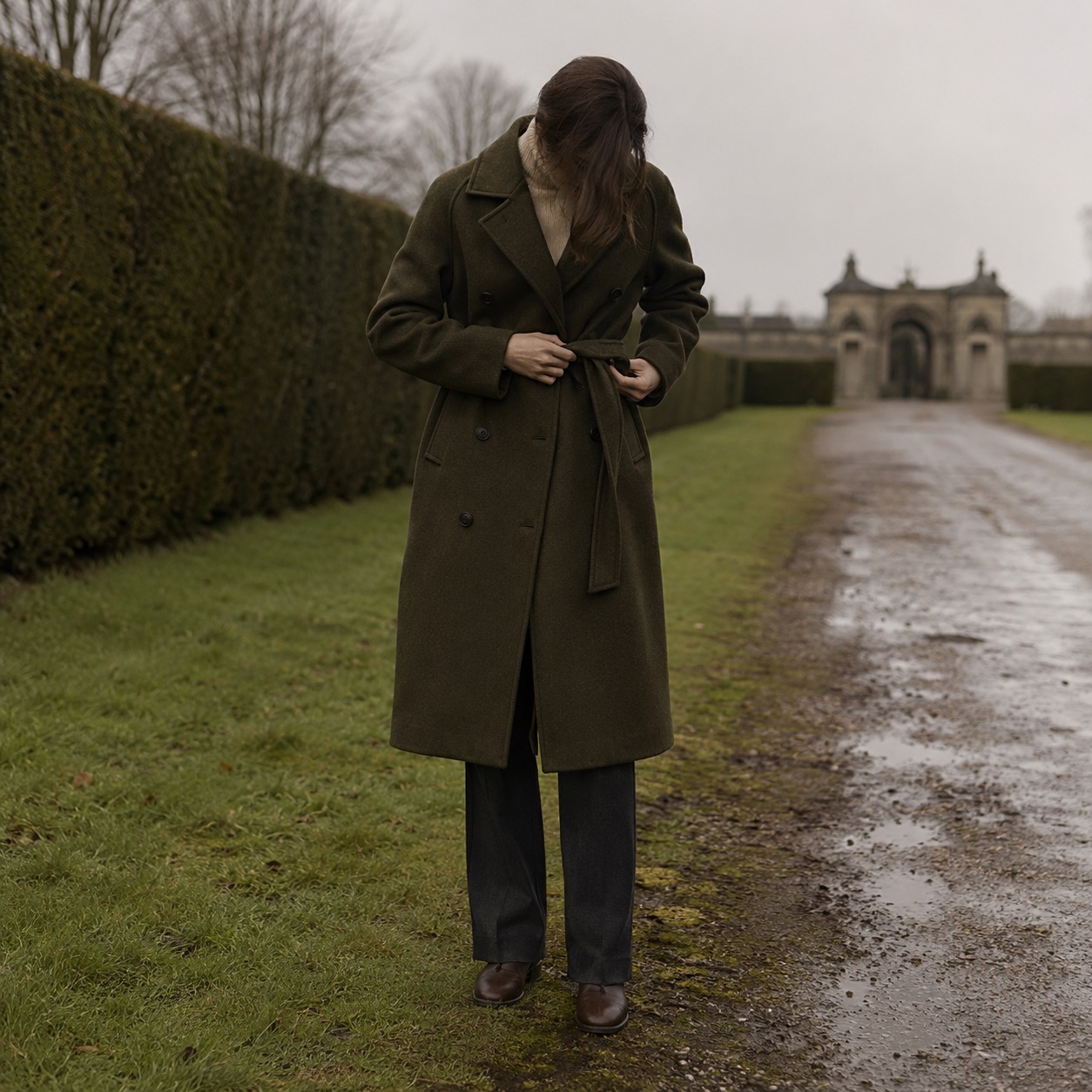 Oatlands double-breasted long coat — Wool Long Coats by MASO. worn by a model.