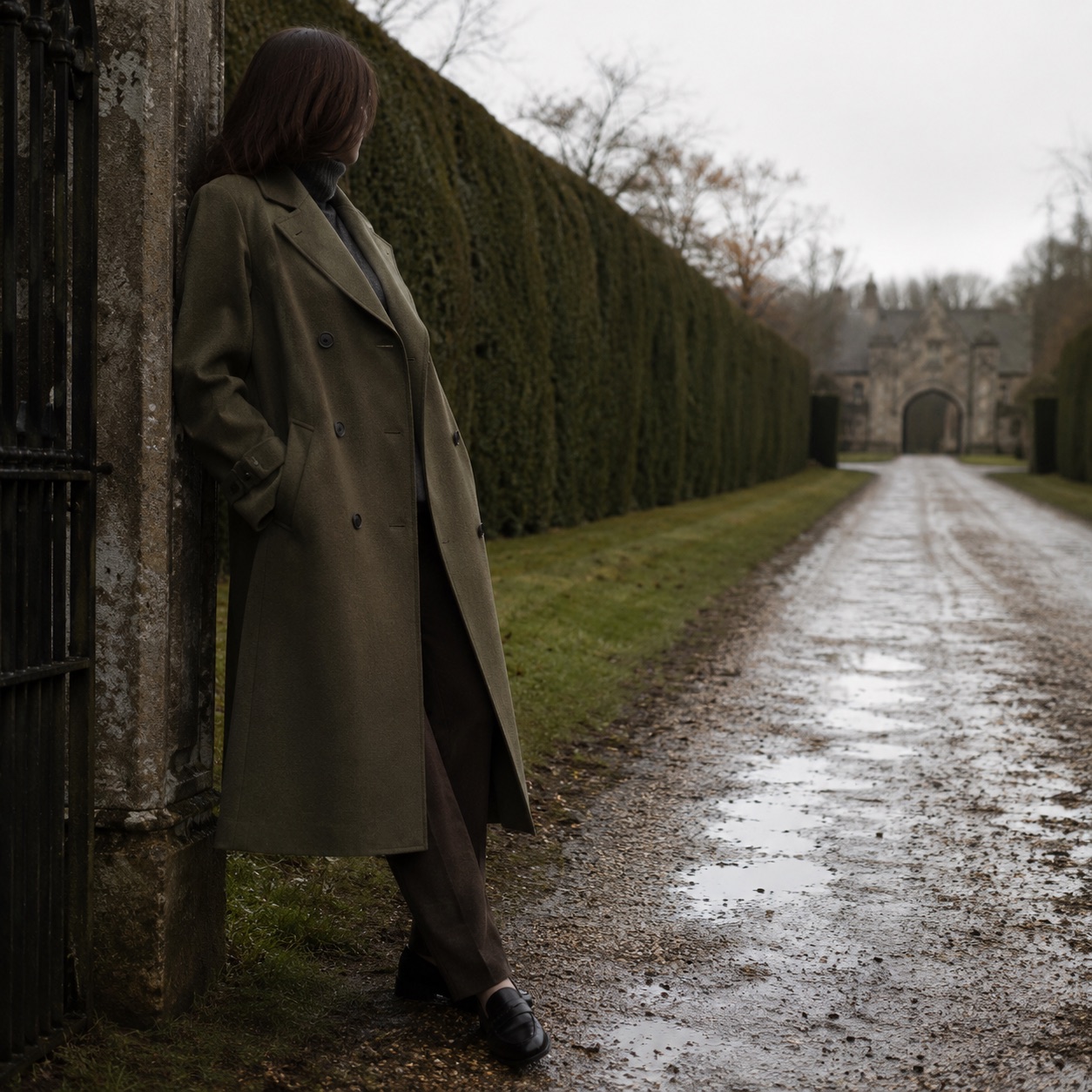 Oatlands double-breasted long coat — Wool Long Coats by MASO. worn by a model, side view.