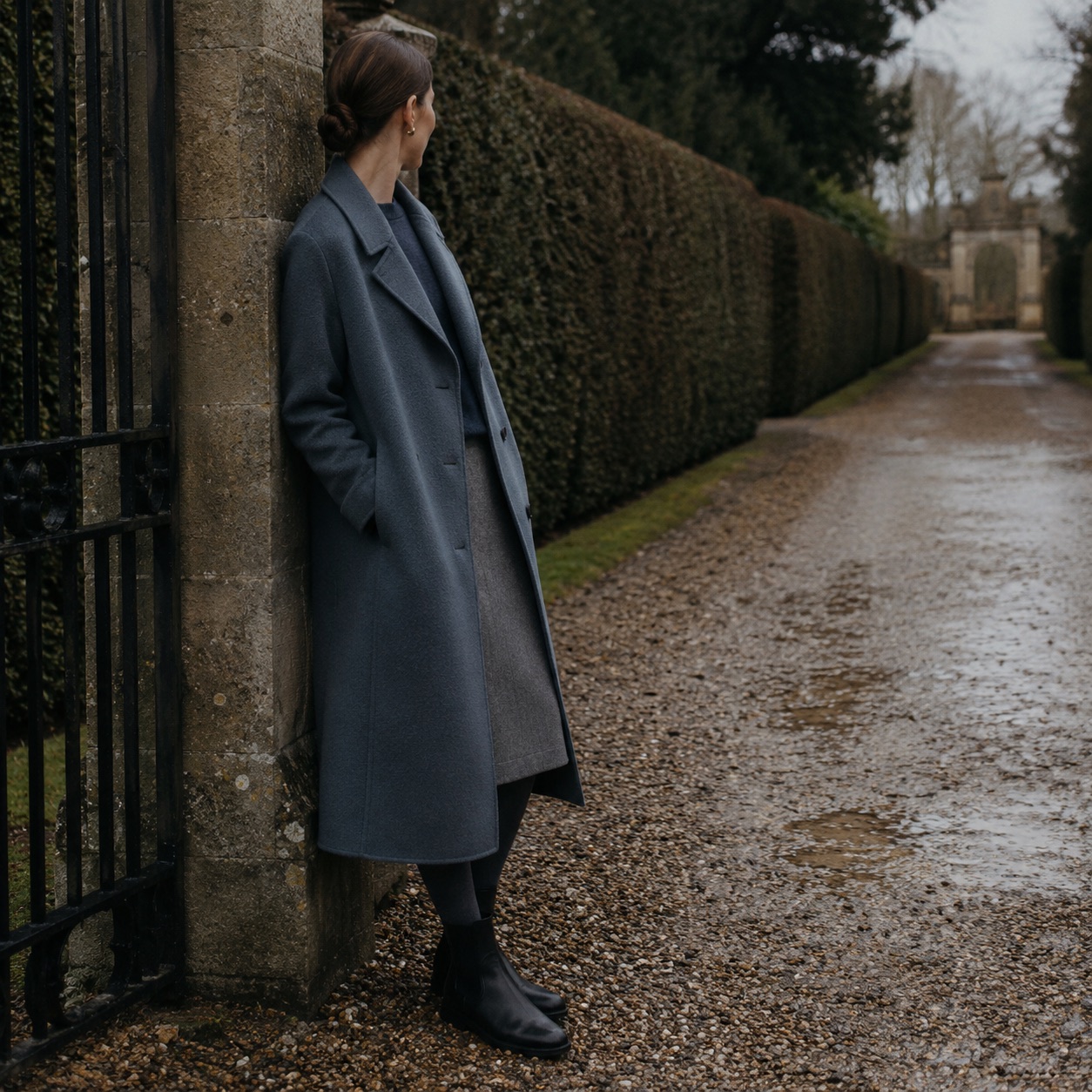 Bramwell single-breasted midi coat — Wool Long Coats by MASO. worn by a model, side view.