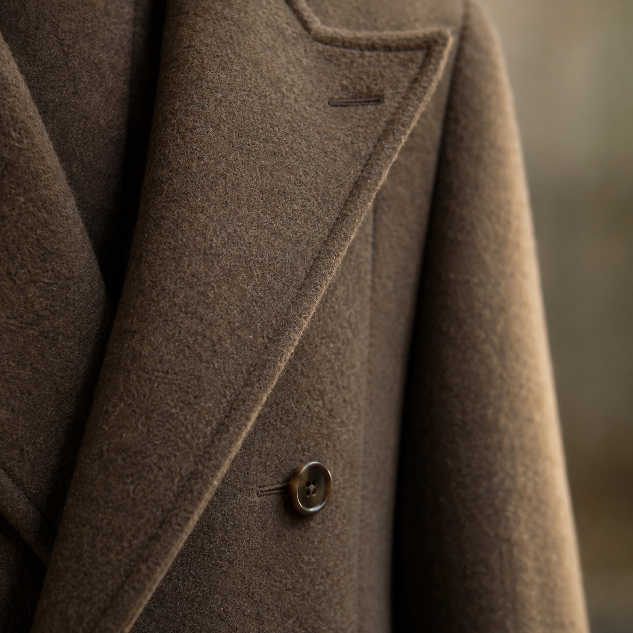 Marlowe double-breasted long coat — Wool Long Coats by MASO. close detail of the fabric and finish.