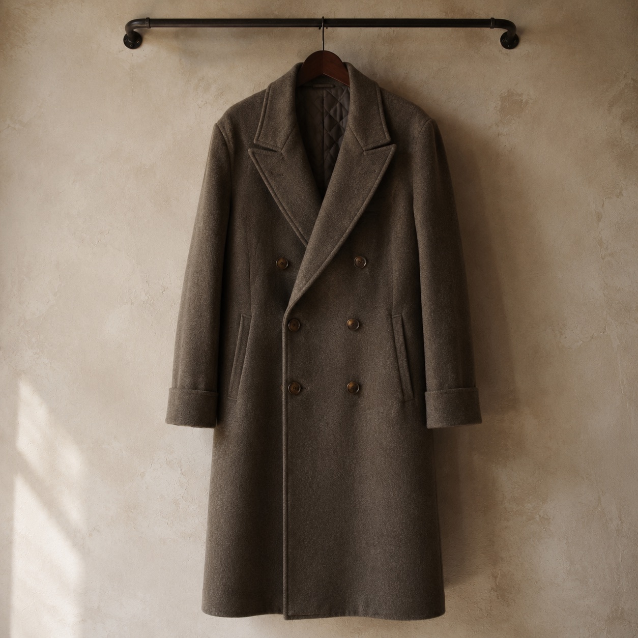 Marlowe double-breasted long coat — Wool Long Coats by MASO. product photograph on a white background.