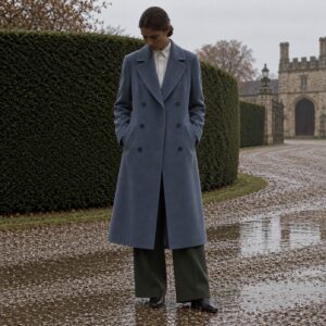 Marlowe double-breasted long coat — Wool Long Coats by MASO. worn by a model.