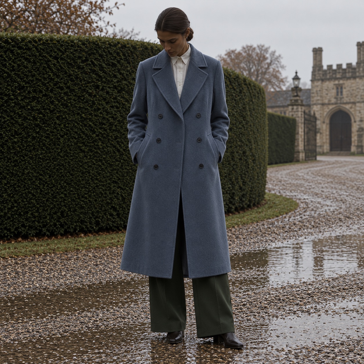 Marlowe double-breasted long coat — Wool Long Coats by MASO. worn by a model.