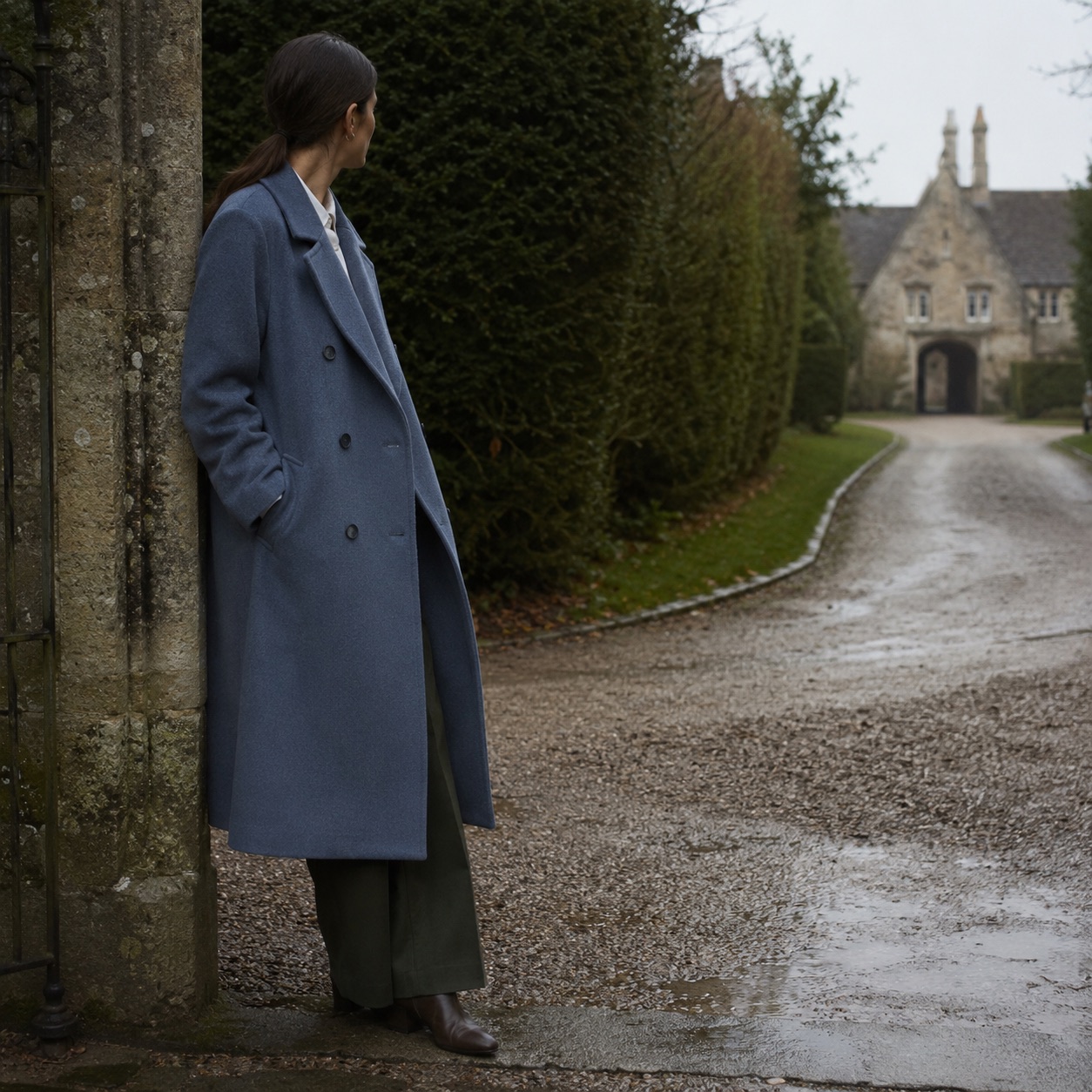 Marlowe double-breasted long coat — Wool Long Coats by MASO. worn by a model, side view.
