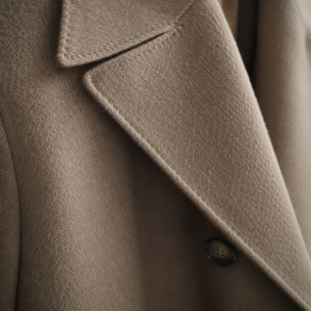 Stonebridge double-breasted long coat — Wool Long Coats by MASO. close detail of the fabric and finish.