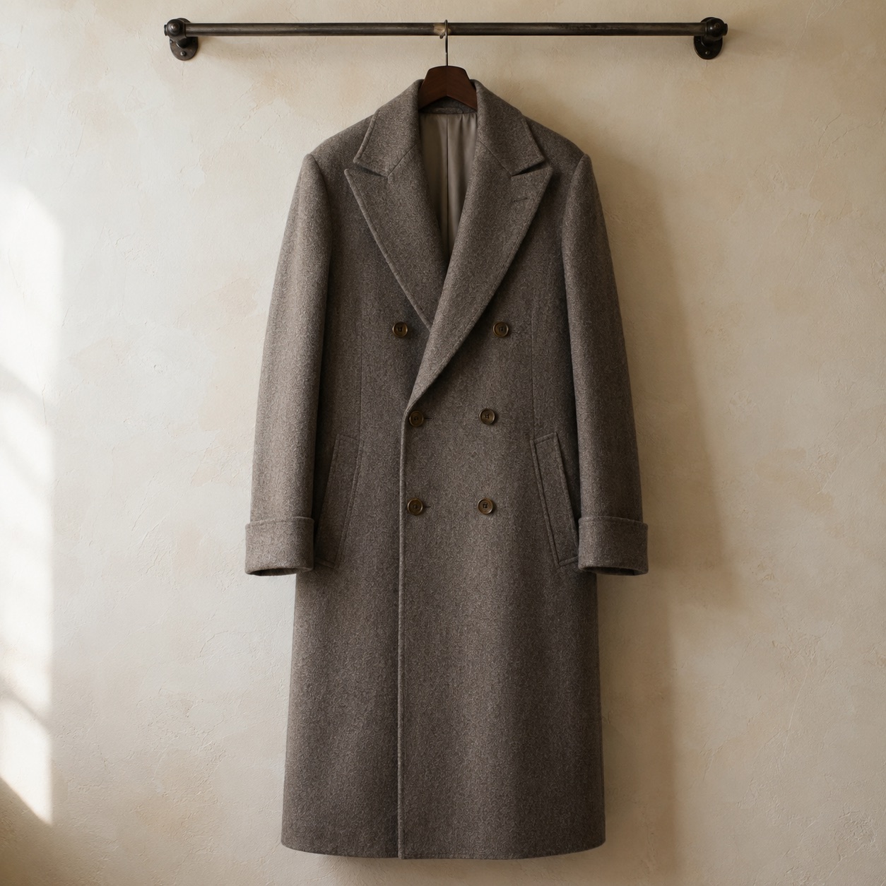 Stonebridge double-breasted long coat — Wool Long Coats by MASO. product photograph on a white background.