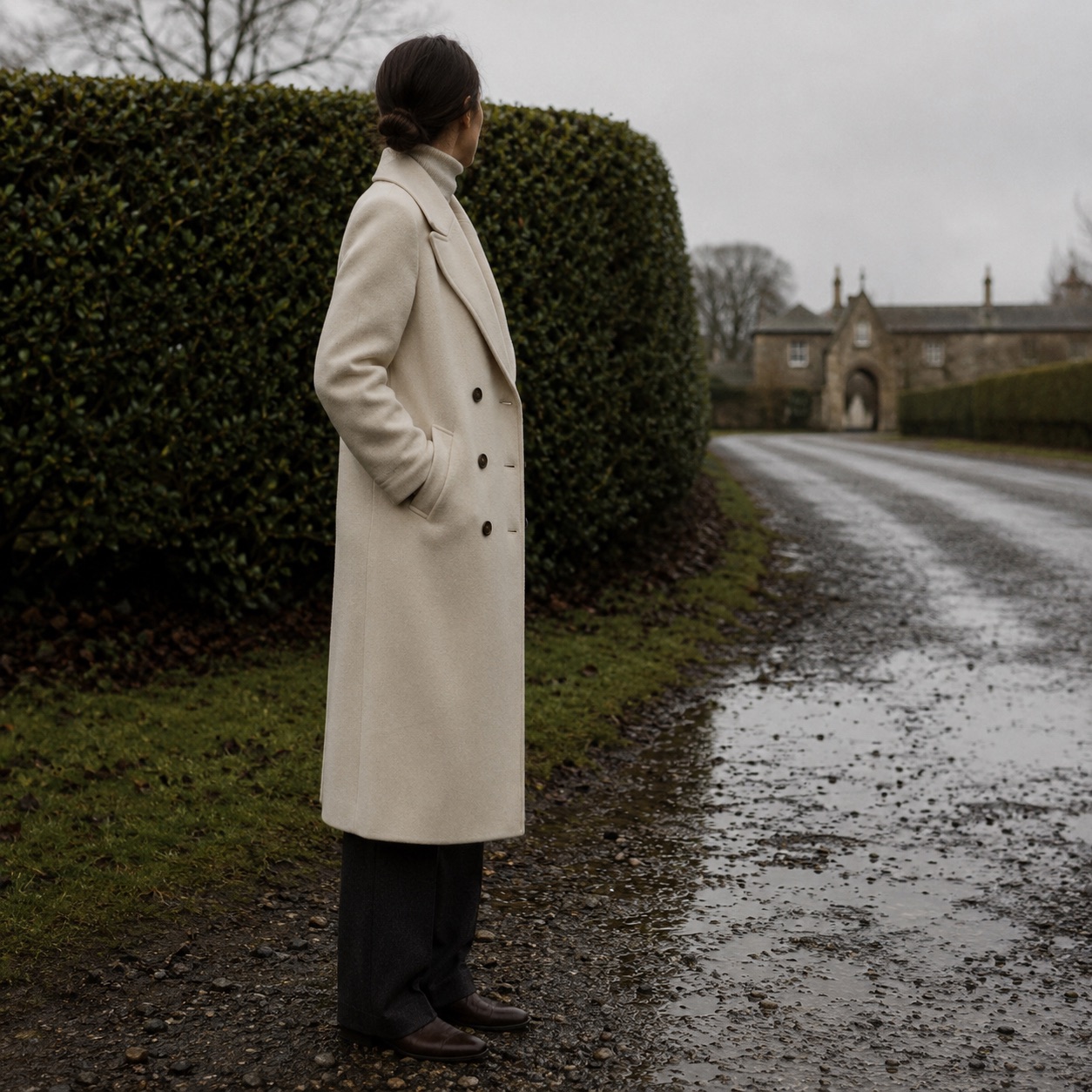 Stonebridge double-breasted long coat — Wool Long Coats by MASO. worn by a model, side view.