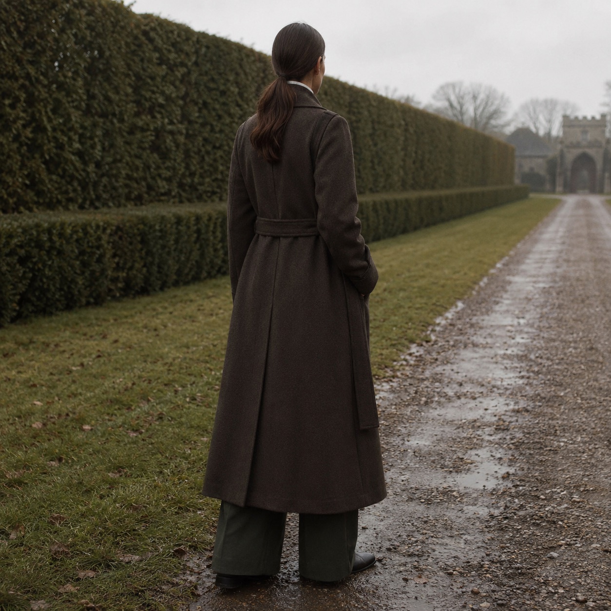 Cotswold wool wrap coat — Wool Long Coats by MASO. worn by a model, side view.