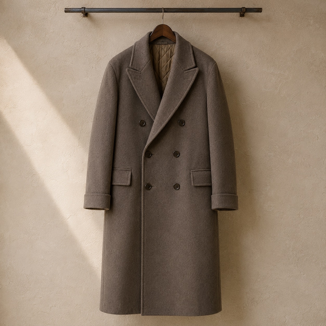 Hollowfield double-breasted long coat — Wool Long Coats by MASO. product photograph on a white background.