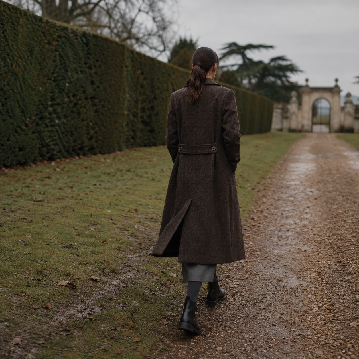 Hollowfield double-breasted long coat — Wool Long Coats by MASO. worn by a model.