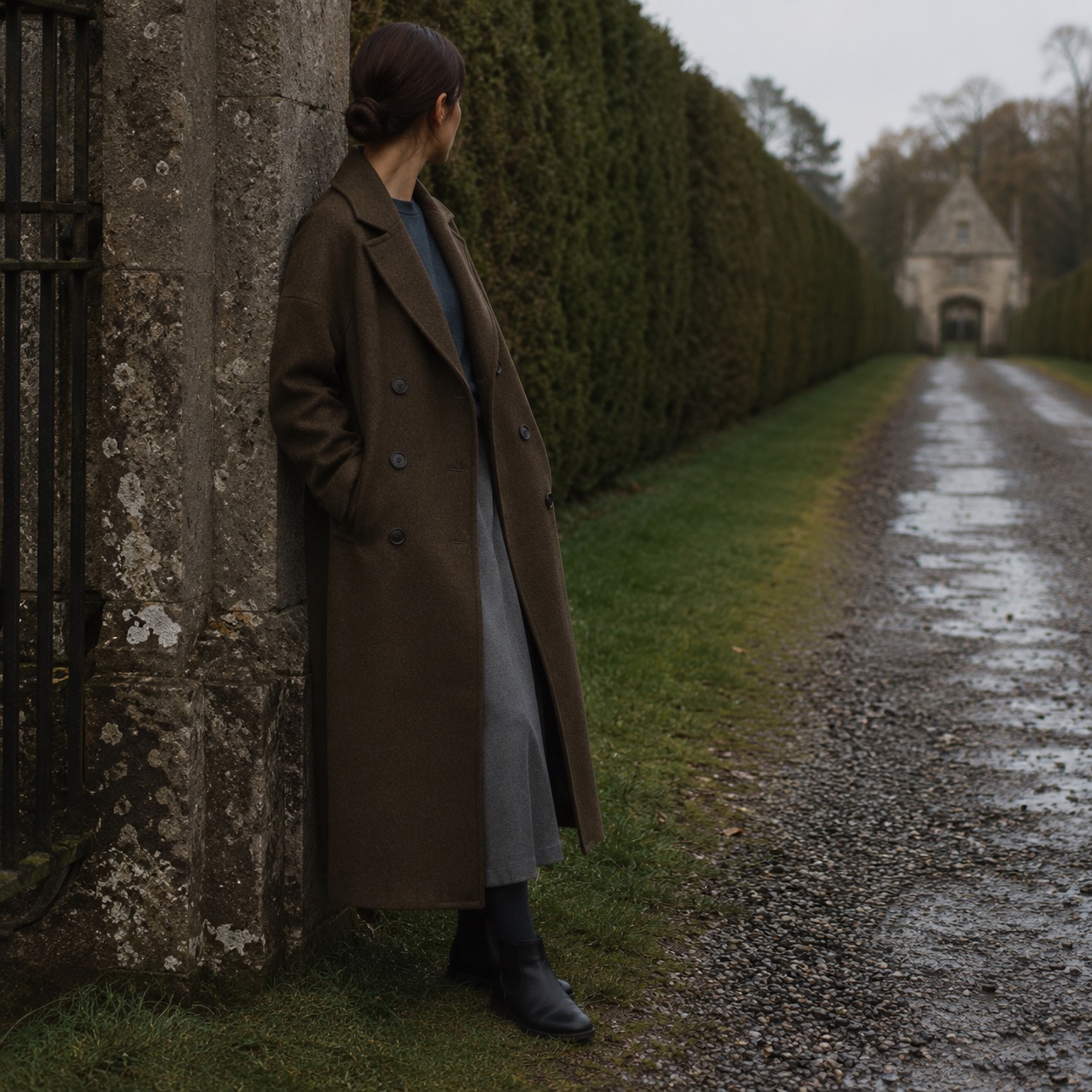 Hollowfield double-breasted long coat — Wool Long Coats by MASO. worn by a model, side view.