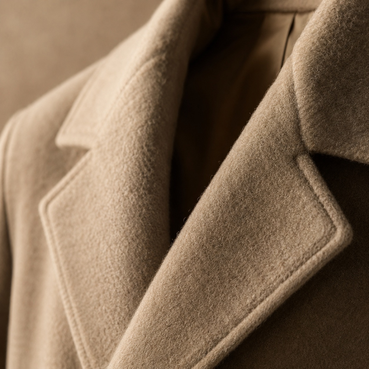 Pentlow double-breasted long coat — Wool Long Coats by MASO. close detail of the fabric and finish.