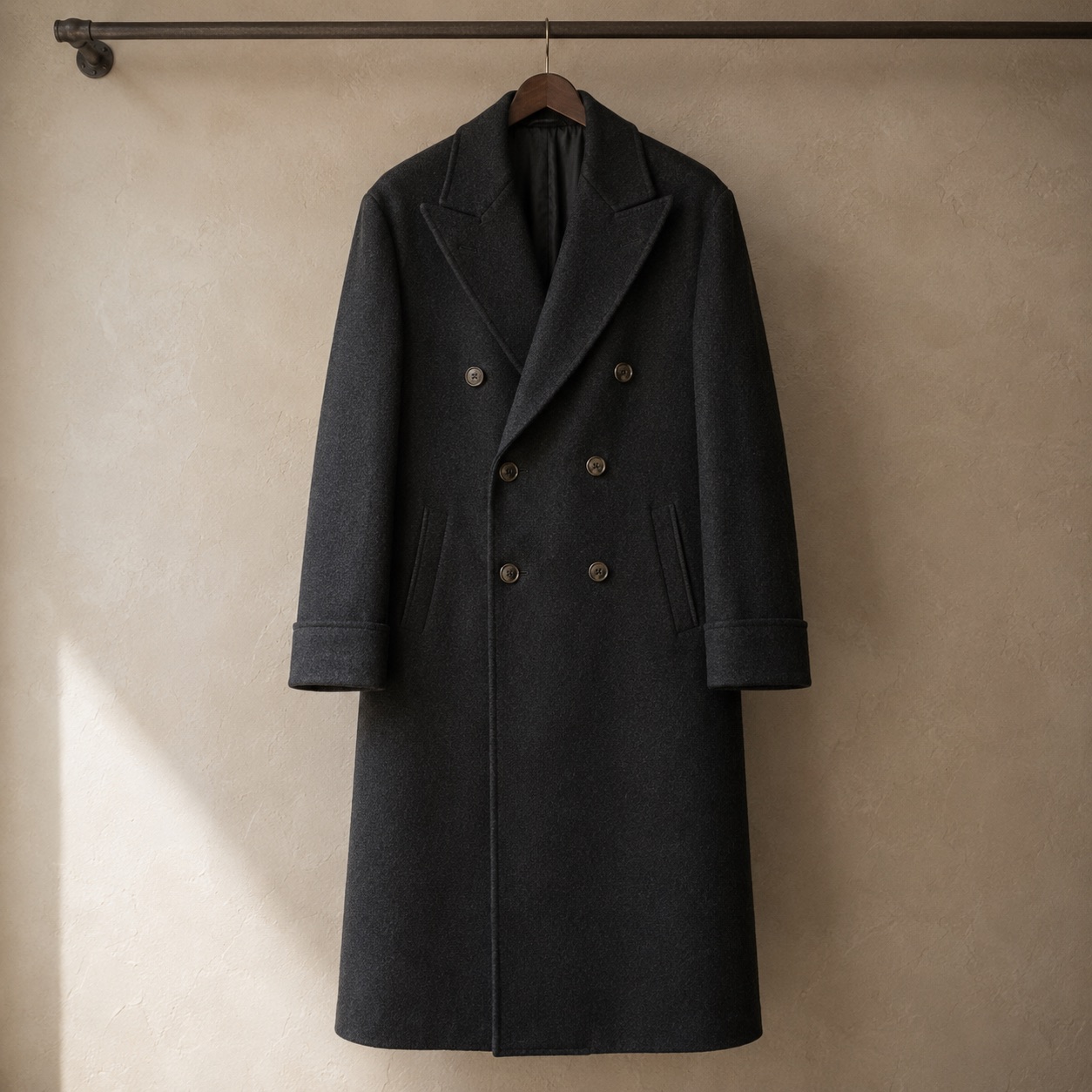 Pentlow double-breasted long coat — Wool Long Coats by MASO. product photograph on a white background.