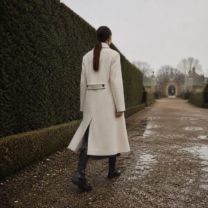 Pentlow double-breasted long coat — Wool Long Coats by MASO. worn by a model.