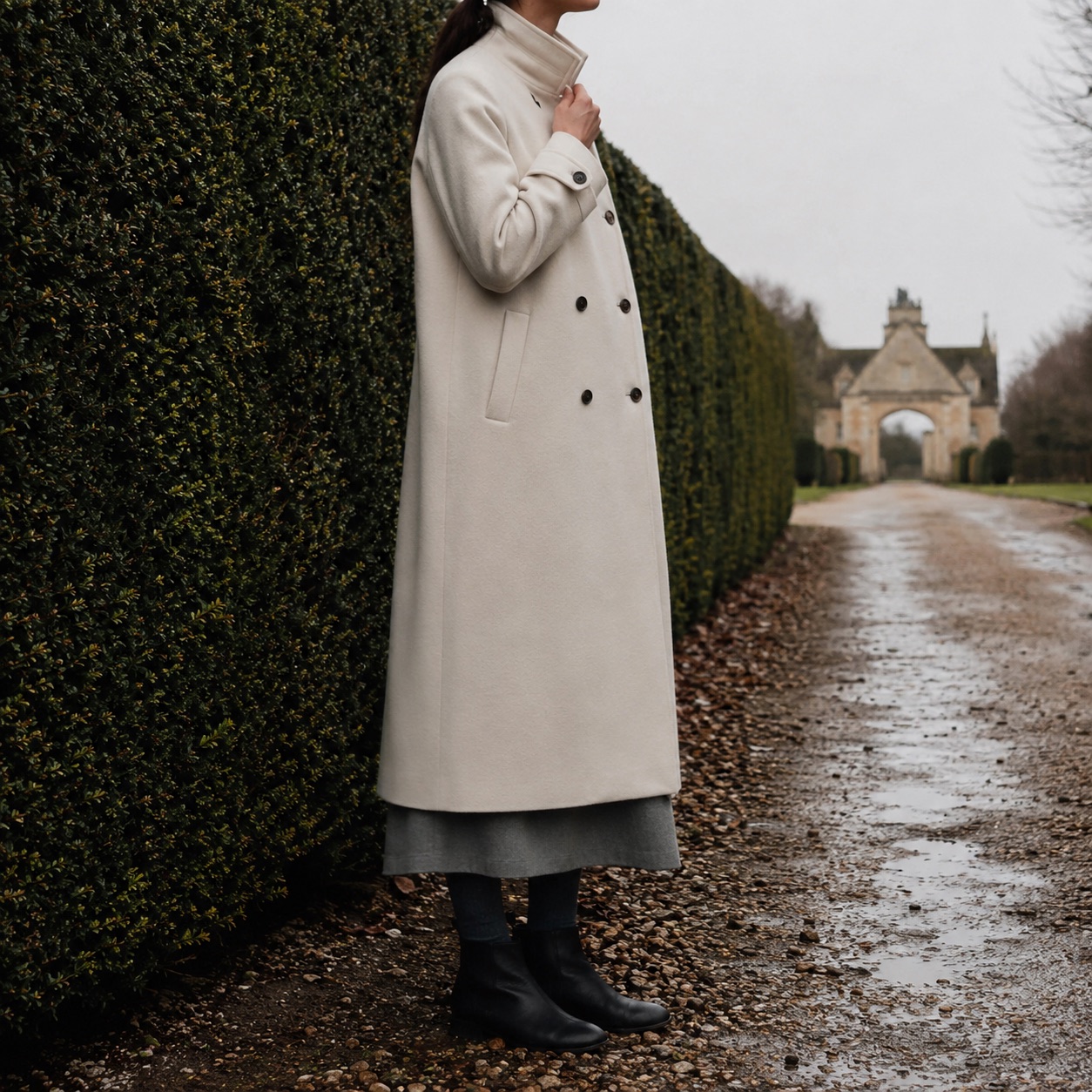 Pentlow double-breasted long coat — Wool Long Coats by MASO. worn by a model, side view.