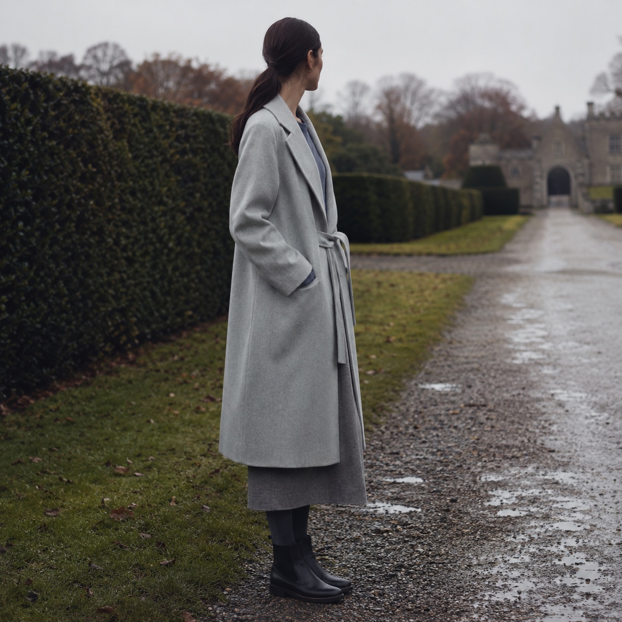 Ravenscourt wool wrap coat — Wool Long Coats by MASO. worn by a model, side view.