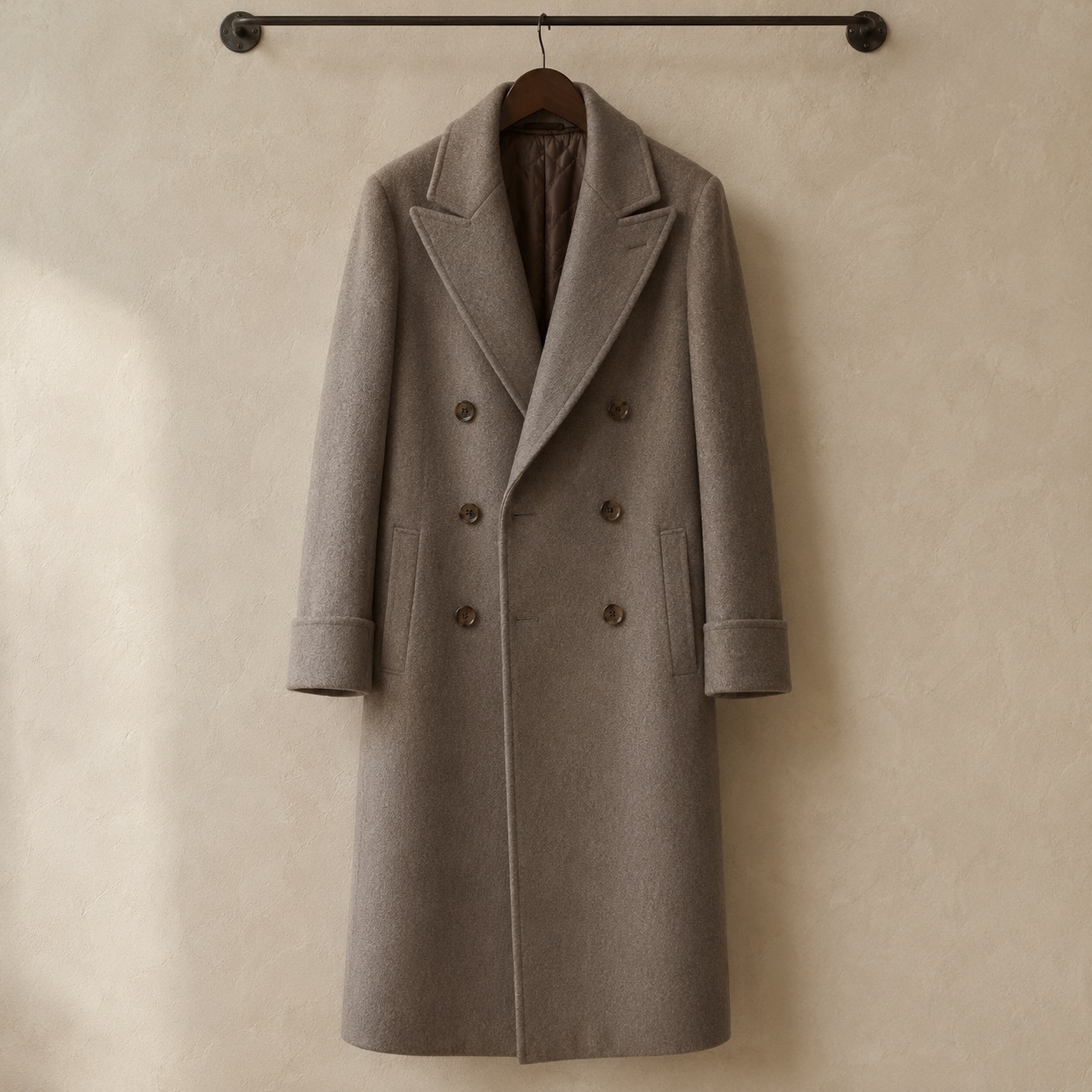 Greyfell double-breasted long coat — Wool Long Coats by MASO. product photograph on a white background.