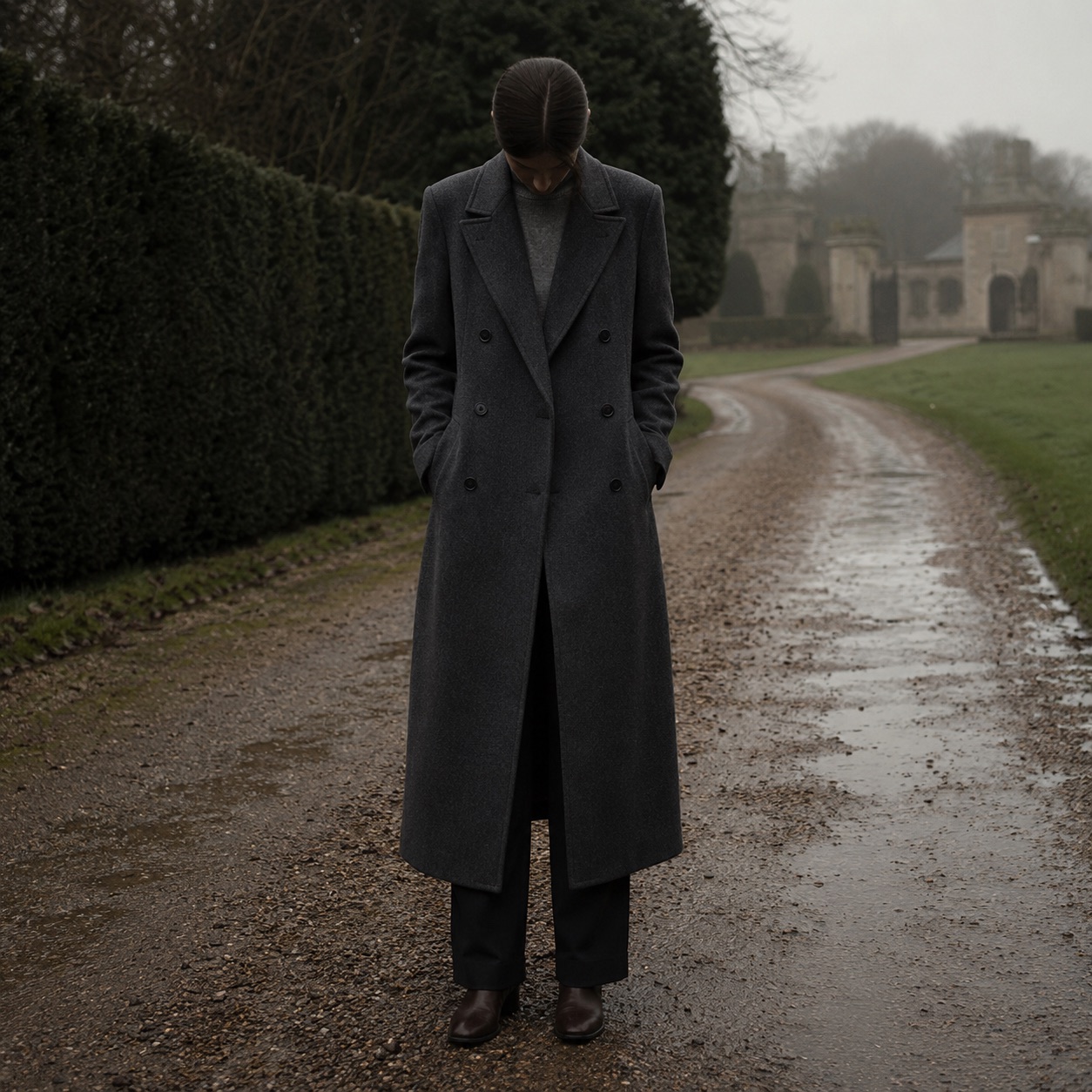 Greyfell double-breasted long coat — Wool Long Coats by MASO. worn by a model.