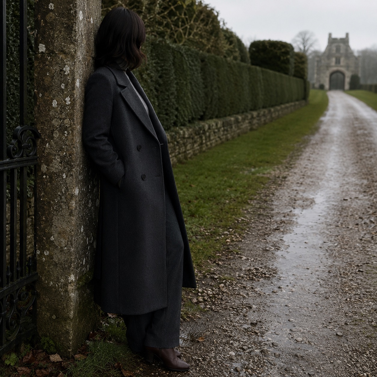 Greyfell double-breasted long coat — Wool Long Coats by MASO. worn by a model, side view.