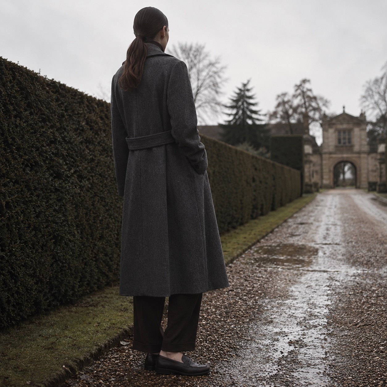 Fernhollow wool wrap coat — Wool Long Coats by MASO. worn by a model, side view.