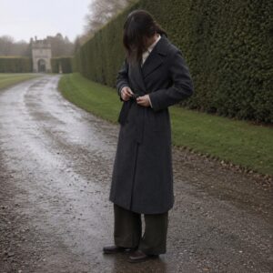 Kestrel double-breasted long coat — Wool Long Coats by MASO. worn by a model.
