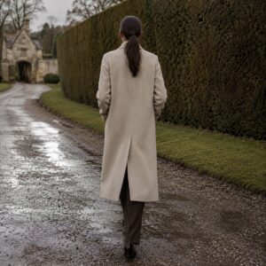 Blackthorn single-breasted midi coat — Wool Long Coats by MASO. worn by a model.
