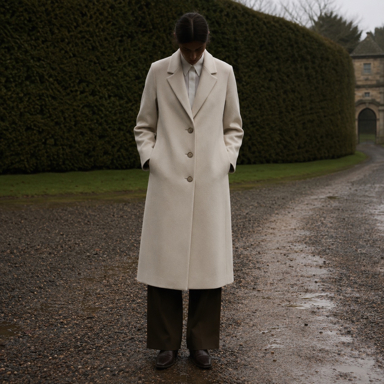 Mossgate single-breasted midi coat — Wool Long Coats by MASO. worn by a model.