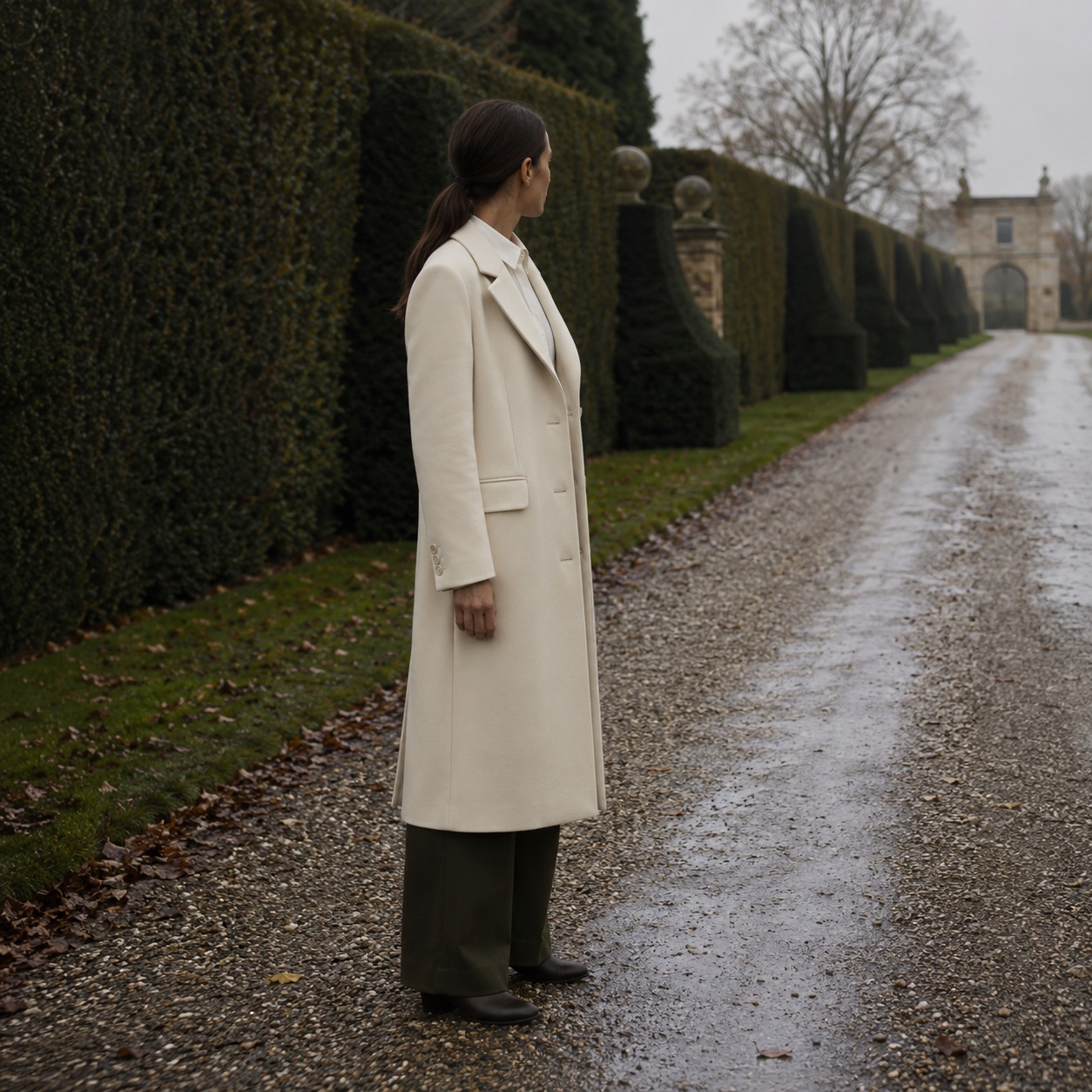 Mossgate single-breasted midi coat — Wool Long Coats by MASO. worn by a model, side view.